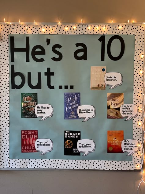 Middle School Library Display Ideas, English Literature Classroom Decor, Classroom Library Middle School, English Class Bulletin Boards, Ya Library Displays, Middle School Decorations Classroom, High School Library Decor, Library Board Ideas, Interactive Library Displays