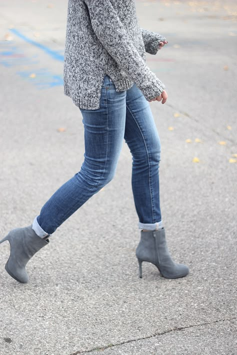 cozy fall sweater + gray booties Gray Boots Outfit Fall, Light Gray Boots Outfit, Gray Boots Outfit Winter, Gray Boots Outfit Ankle, Outfits With Grey Boots, Outfits With Gray Boots, Gray Booties Outfit, Gray Ankle Boots Outfit, Grey Booties Outfit