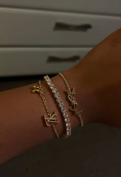 Aesthetic Pictures Of Jewelry, Sparkly Jewelry Aesthetic, Silver Designer Bracelet, Luxury Jewelry Stack, Tennis Bracelet Stack Ideas, Wrist Stack Jewelry, Jewelry Stack Gold, Designer Jewelry High End, Gold Vs Silver Jewelry