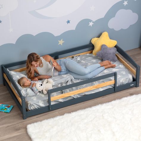 Full Toddler Bed, Nursery With Floor Bed, Pottery Barn Toddler Room Boy, Toddler Beds For Boys, Toddler Bed Ideas, Twin Size Bedroom, Twin Size Floor Bed, Interior Designing Ideas, Baby And Toddler Shared Room