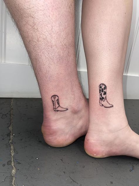 tattoo of a cowboy boot Almost Matching Tattoos, Funny Matching Couple Tattoos, Matching Patchwork Tattoos, Unisex Tattoos Matching, Matching Opposite Tattoos, Complementary Tattoos, Matching But Different Tattoos, Silly Matching Tattoos, Cute Matching Tattoos