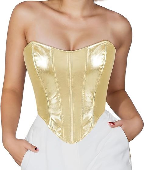 Amazon.com: Hmxpls Metallic Corset Top for Women, Leather Bustier Corset Top Strapless Lace Up Boned Sweetheart Neck Bodyshaper Bustier (Gold, L): Clothing, Shoes & Jewelry Amazon Corset, Leather Bustier Corset, Strapless Corset Top, Pretty Halloween, Halloween Party Outfits, Leather Bustier, Strapless Bustier, Strapless Corset, Club Tops