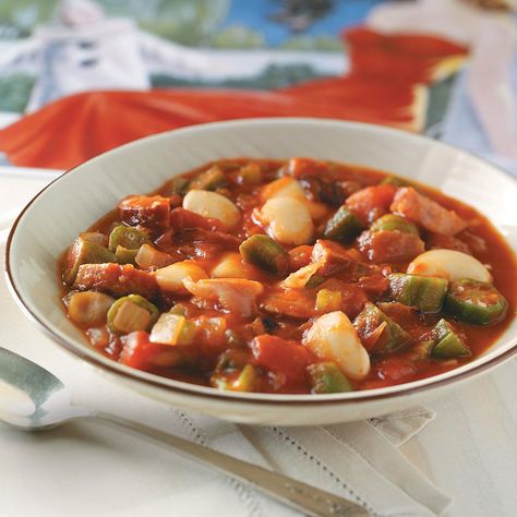 Okra and Butter Bean Stew Recipe -This stew is adapted from my mom's down-home Louisiana recipe, and it turns okra-haters into okra-lovers. Guaranteed. —Kaya Mack, Wichita Falls, Texas Butterbean Stew, Butter Bean Stew, Best Stew Recipe, Okra Stew, Louisiana Food, Chef Ideas, Okra Recipes, Cajun Dishes, Holiday Dishes