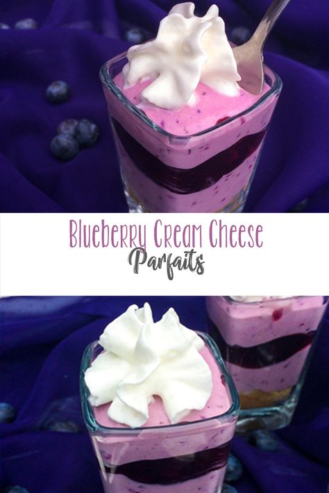 The quintessential summer dessert, these Blueberry Cream Cheese Parfaits are great for any event or get together - creamy, blueberry flavor tastes like blueberry cheesecake in a glass. A fantastic dessert to serve at a BBQ or picnic. Super easy and SO pretty! Blueberry Dessert Cups, Parfaits Recipes, Blueberry Desserts Cream Cheese, Blueberry Parfait, Blueberry Parfait Recipes, Easy Blueberry Cream Cheese Dessert, No Bake Blueberry Cheesecake Cups, Blueberry Yogurt Parfait, Lemon Blueberry Parfait Cups