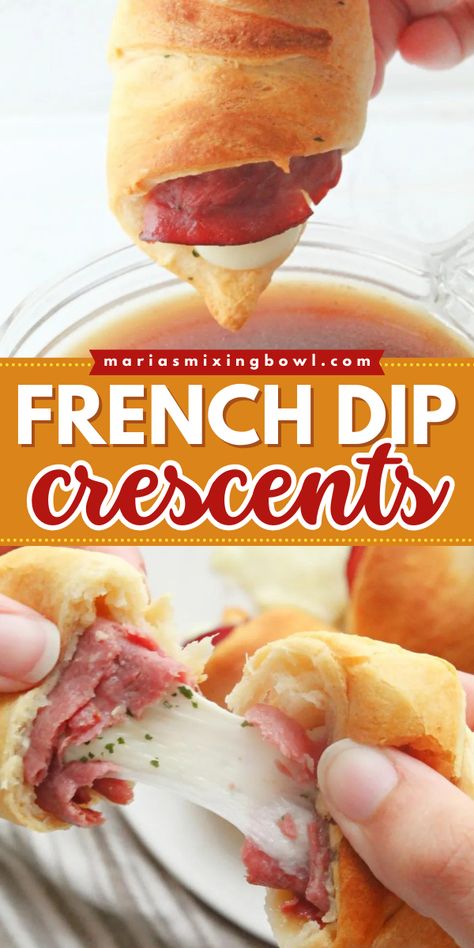 Learn how to make French Dip Crescents! They're an easy game day food. With the classic flavors of roast beef and mozzarella, these french dip crescent rolls are one of the best football appetizers! Don't forget the au jus for this simple tailgating recipe! Crescent Roll French Dip, French Dip Crescent Rolls, Best Football Appetizers, New Year Appetizers, Protein Snacks Healthy, French Dip Crescents, Easy Game Day Food, Deli Roast Beef, Easy Dinner Recipes For Beginners