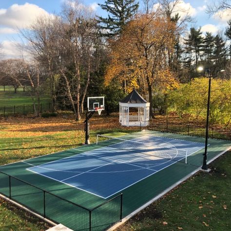 Enjoy countless hours of family fun with a Multi-Use Sport Court! Customize your Multi-Use Sport Court to incorporate your favorite sports to give your family and friends the perfect place to make unforgettable memories. Contact us today at 630-350-8652 to build your Multi-Use Court and become the designated hangout house! #basketball #pickleball #tennis #volleyball #soccer #hockey #sportcourt #sportcourtmidwest Tennis Court Backyard, Backyard Rink, Outdoor Sports Court, Backyard Court, Basketball Court Backyard, Backyard Basketball, Private Tennis Court, Pickleball Court, Sport Court