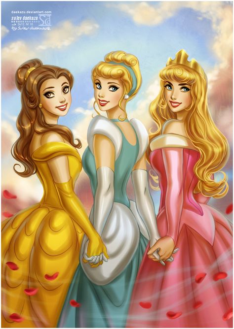 3 Princesses by `daekazu on deviantART ~ Disney princesses Belle ~ Cinderella ~ Aurora {aka Sleeping Beauty} Three Princesses, Aurora, Cinderella, Deviantart, Disney, Dresses, Blue