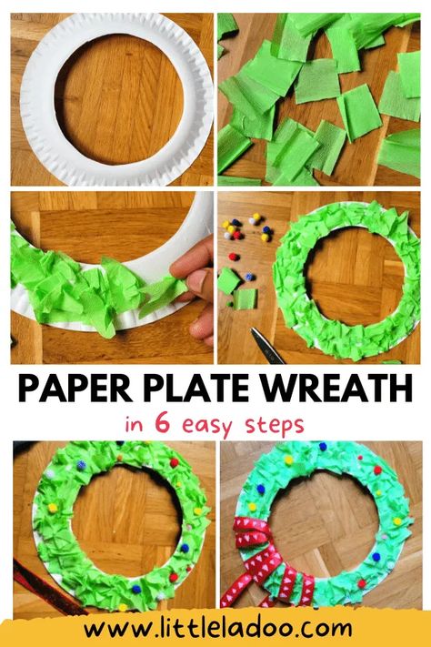 Paper Plate And Tissue Paper Crafts, Tissue Paper Wreath For Kids, Paper Plate Wreaths For Kids, Crepe Paper Crafts For Kids, Preschool Christmas Tree, Compass Craft, Paper Plate Christmas Wreath, Paper Plate Wreath, Christmas Eyfs