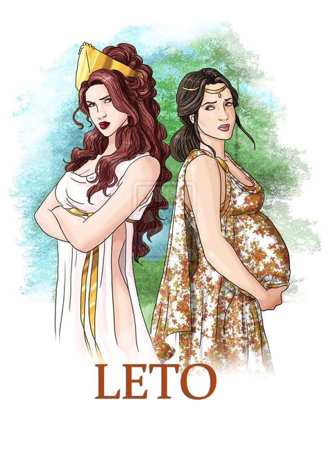 Hera and Leto Leto Greek Mythology, Leto Goddess, Zeus Wife, Hera Greek Goddess, Zeus Greek Mythology, Hera Goddess, Greek Titans, Greek Goddess Art, Apollo And Artemis