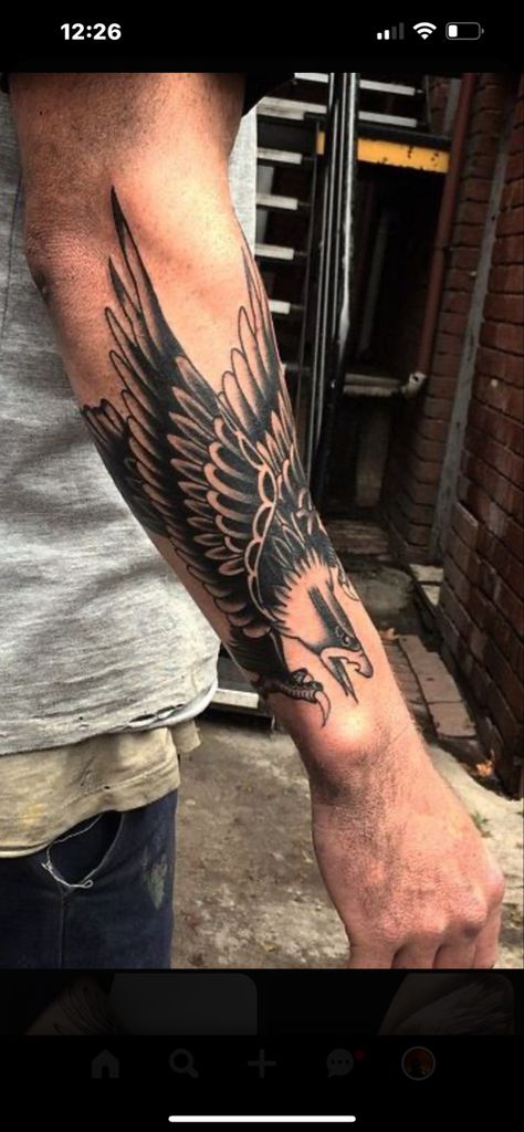 Eagle Tattoo Old School Black, Eagle Forearm Tattoo, Eagle Tattoo Forearm, Traditional Tattoo Arm, Traditional Eagle Tattoo, Etching Tattoo, Tattoo 2024, Eagles Band, Band Tattoos