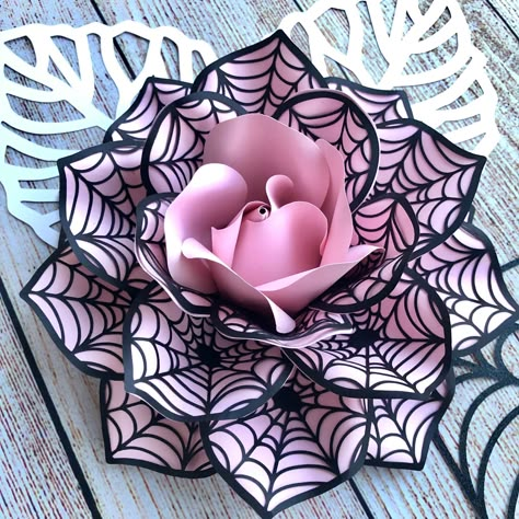 A spooky pink Halloween version of the Melinda rose Pink Halloween Centerpiece Ideas, Halloween Paper Flowers Diy, Halloween Paper Flowers, Spooky Flowers, Halloween Paper Flower Bouquet, Black And Pink Halloween Decorations, Pink Halloween Party Centerpieces, Black Rose Halloween Decor, Pink And Black Halloween Wreath