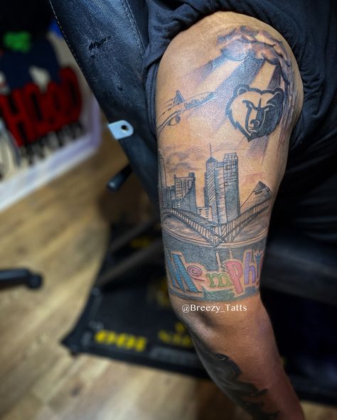 Memphis sleeve tattoo Memphis skyline tattoo Memphis tattoo Memphis Bridge Tattoo, Memphis Grizzlies Tattoo, Memphis Tattoo Ideas, Memphis Tattoo, Memphis Bridge, Tennessee Tattoo, Bridge Tattoo, Arm Tattoos Drawing, Tattoos Drawing