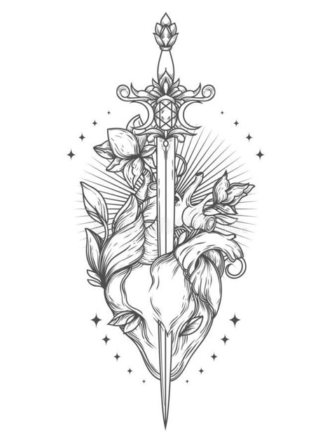 Heart Dagger Tattoo, Dagger Drawing, Blooming Heart, Fantasy Tattoos, Dagger Tattoo, Heart Tattoo Designs, Tattoo Portfolio, Tattoo Design Book, Feather Tattoo