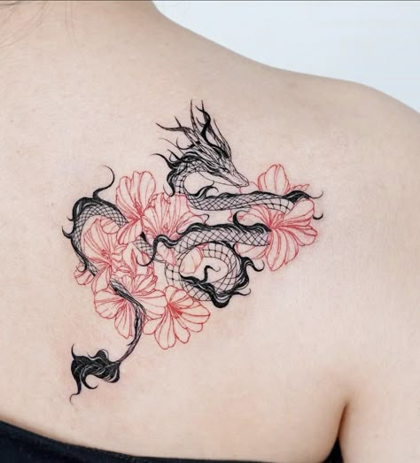 Dragon Tattoo With Flowers, Red Dragon Tattoo, Small Dragon Tattoos, Dragon Tattoo For Women, Red Ink Tattoos, Red Tattoos, Dragon Tattoo Designs, Shoulder Tattoos For Women, Creative Tattoos