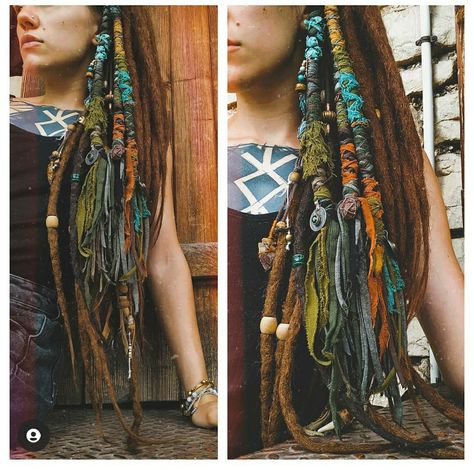 Decorated Dreadlocks, Yarn Dreadlocks, Fairy Locs, Dreadlocks Diy, White Girl Dreads, Hippie Dreads, Witchy Hair, Dread Hair Extensions, Boho Hair Wrap