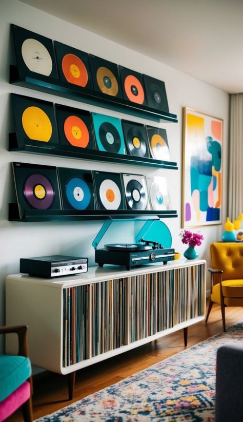 30 Colorful Mid-Century Modern Living Room Ideas Mid Century Modern Music Room, Turntable Setup Living Rooms, Mid Century Tv Wall, Record Player Living Room, Mid Century Modern Studio Apartment, Cocktail Room In House, Record Room Ideas, Mid Century Accent Wall, Retro Modern Living Room