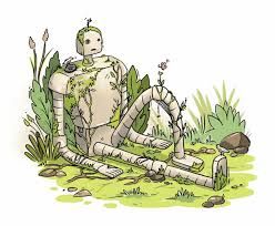 Overgrown Robot Art, Nature Robot Art, Overgrown Robot Concept Art, Overgrown Character Design, Overgrown Machine, Overgrown Ruins Drawing, Overgrown Illustration, Overgrown Robot, Overgrown Drawing