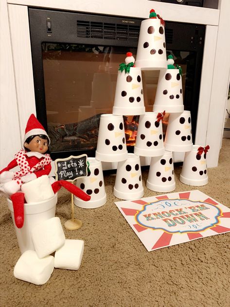 Snow ball knock them down game Elf On The Shelf Snow Ball, Elf Snowball Toss, Elf On The Shelf Snowball Toss, Elf On The Shelf Snowball, Elf On The Shelf Snow, Snowball Games, Snowball Toss, Snow Ball, Shelf Ideas