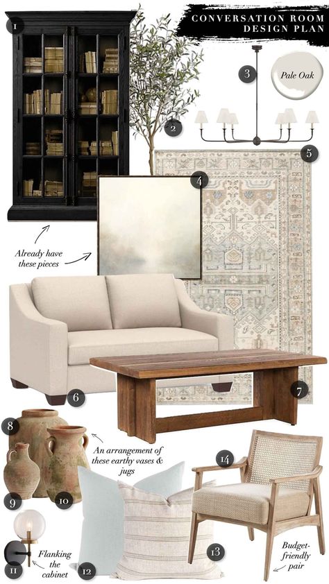 Earthy, Natural Living Room Decor Ideas with neutral sofa, vintage style rug, dark wood coffee table, black cabinet, and neutral decor! #naturallivingroom #livingroomdecor #livingroommakeover Conversation Room, Natural Living Room Decor, Earthy Living Room, Natural Living Room, Formal Living Room, Neutral Living Room, Transitional Living Rooms, Living Room Makeover, Living Room Inspo