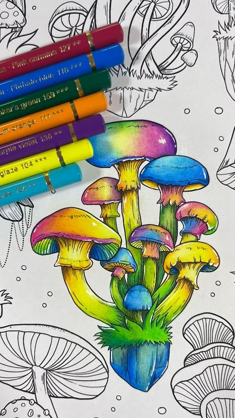 Finished Coloring Pages Ideas, Colored Pencil Mushroom, Colouring Pages For Adults Finished, Colored Pages Completed, Pencil Art Projects, Animorphia Coloring Book, Animorphia Coloring, Colored Pencil Drawing Techniques, Colored Pencil Art Projects