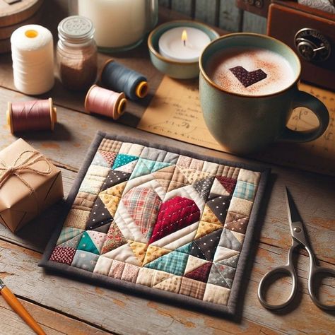 Small Quilting Projects, Quilted Trivet, Quilted Mug Rugs, Quilted Mug Rug, Postage Stamp Quilt, Mug Rug Patterns, Quilted Potholders, Miniature Quilts, Heart Quilt