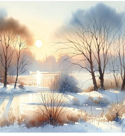 Winter Landscape Photography, 1000 Likes, Watercolor Art Landscape, Watercolor Paintings Nature, Winter Landscape Painting, Winter Watercolor, Watercolor Projects, Landscape Art Painting, Angel Painting