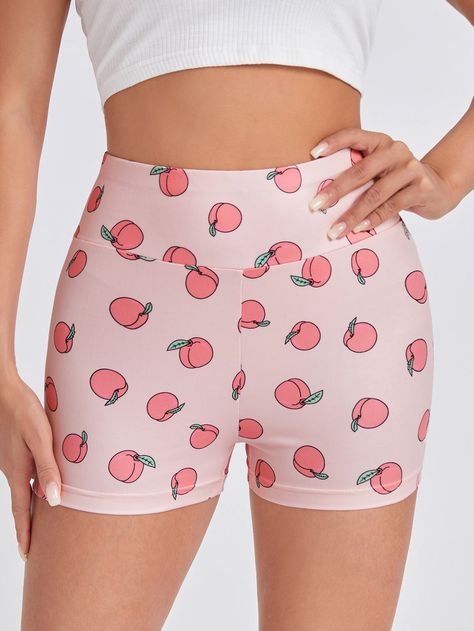 Baby Pink Casual   Polyester Fruit&Vegetable,All Over Print Biker Shorts Embellished Slight Stretch Spring/Summer/Fall Women Bottoms Peach Workout, Pale White Skin, Workout Bottoms, Peach Print, Pink Grunge, Pale White, Bottom Workout, Women Bottoms, Fit Woman