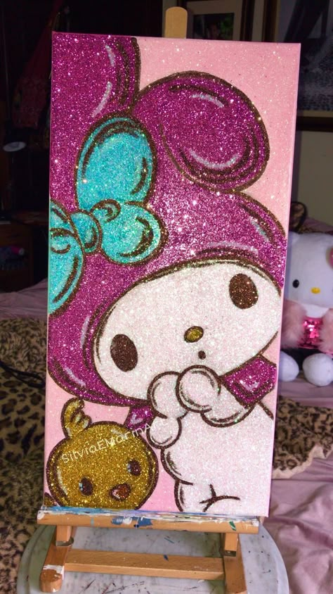 #mymelody #mymelodypainting #canvaspainting #acrylicpaint #custom #customart #art #glitter #hellokitty #hellokittypainting Glitter Drawings Art, My Melody Canvas Painting, Painting With Glitter Canvas, Hello Kitty Art Painting, Friend Canvas Painting, Barbie Canvas Painting, My Melody Painting, Kawaii Paintings On Canvas, Glitter Painting Canvas