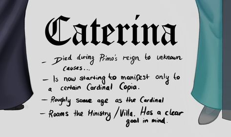 Reference sheet for Caterina, my new sister of sin OC. She’s a big part of this 1400s story, adding an element of the supernatural into it. It’s important to note that at present, she is only appearing to Cardinal Copia - As to why, she can only say. I’m unsure how I’m going to approach the story I’m crafting whether it be through comics or writing - Potentially both. But I have some more designs to make and some artwork revolving around this AU planned. Can’t wait to show more of course!... Sisters Of Sin, Reference Sheet, The Supernatural, Reign, Supernatural, The Story, Ghost, Mindfulness, Writing