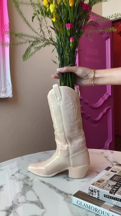 White Boots Style, Cowboy Boot Ceramic Vase, Ceramic Cowgirl Boot, Ceramic Cowboy Boots Vase, Cowboy Boot Pottery, Pottery Cowboy Boot, Polymer Clay Cowboy Boots, Cowgirl Boot Vase, Cowboy Boot Flower Vase