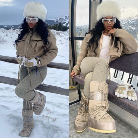 Snow Birthday Outfit, Outfits For Gatlinburg Tn Winter, Aspen Vacation Outfits, Aspen Outfit Black Women, Snowtubing Outfit Black Women, Outfit Ideas For Colorado Winter, Baddie Snow Outfits, Colorado Springs Outfits Winter, Moon Boots Ski Outfit