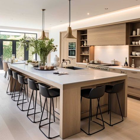 Giant Kitchen Island With Seating, L Shape Island With Seating, Modern Kitchen Without Island, Contemporary Kitchens With Islands, Kitchen Island And Dining Table Layout, Double Kitchen Island Ideas, Kitchen Island With Seating On Two Sides, Kitchen Island Extension Ideas, Big Kitchen Island With Seating