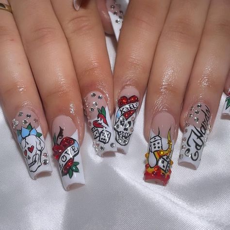 @edhardy frenchies🥀🥀 inspo @myprettyset ✨ | Instagram Ed Hardy Nails, Poppin Nails, Acrylic Nail Set, Dope Nail Designs, Nails Tumblr, Digital Closet, Pretty Gel Nails, Ballerina Nails, Pink Acrylic