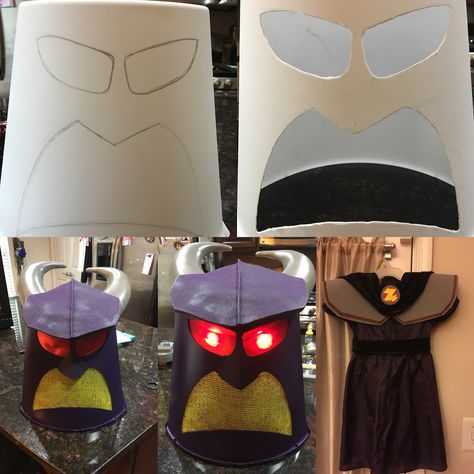 No sew, all hot glue, DIY Zurg costume for 3yr old. Dress from goodwill. Armor made from craft foam and Velcroed to dress shoulders. Headmask made from 2gal office trashcan that had eyes/mouth dremmeled out. Yellow craft netting for mouth. Red ribbon for eyes. Craft foam for top. Viking horns spray painted. Emperor Zurg Costume Diy, Zurg Costume Diy, Emperor Zurg Costume, Zurg Costume, Toy Story Cosplay, Disfraz Toy Story, Eyes Craft, Toy Story Halloween, Diy Couples Costumes