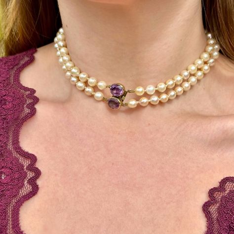 A majestic antique pearl choker necklace from the late Victorian era adorned with two strands of lustrous natural baroque pearls, held securely by a 15ct gold box clasp set with two violet amethysts (approx. 2.5ct each). It’s a glamorous piece, measuring 14 inches with a beautiful collection of pearls that are fit for royalty. Get 15% off when you sign up for our newsletter! Interest-free finance options are available through Klarna! Get the jewellery of your dreams and pay at your own p... March Wedding, Pearl Choker Necklace, Gold Box, Box Clasp, Pearl Choker, Antique Jewellery, Baroque Pearls, Victorian Era, Instagram A