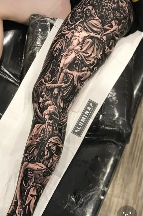 Religious Leg Sleeve Tattoo, Calve Tattoos, Religous Tattoo, Christus Tattoo, Thigh Tattoo Men, Tattoo Homme, Best Leg Tattoos, Full Leg Tattoos, Omerta Tattoo