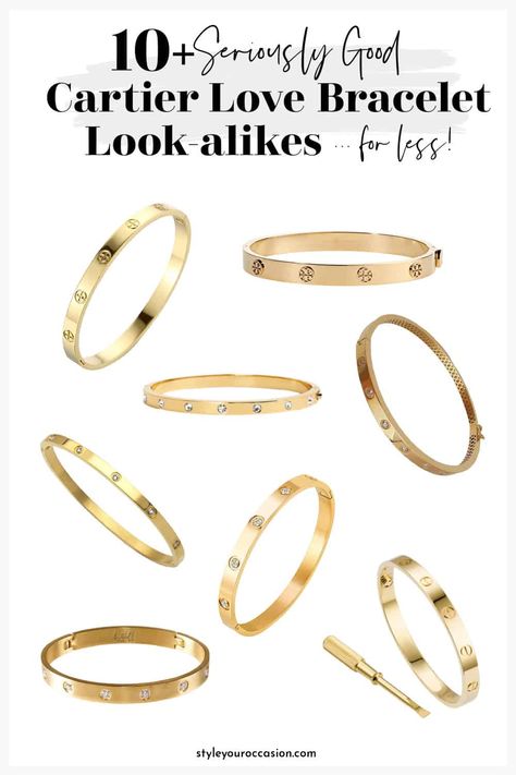 Do you adore the Cartier love bracelet aesthetic? Check out these stunning Cartier Love Bracelet look alike and dupe options that will give you the look for less, so you can create a gorgeous gold stack that looks like it does on the most stylish celebrities! Cartier Bangle, Bracelet Aesthetic, Tory Burch Bracelet, Gold Bracelets Stacked, Cartier Gold, Interlocking Ring, Cartier Bracelet, Wrist Jewelry, Stylish Celebrities