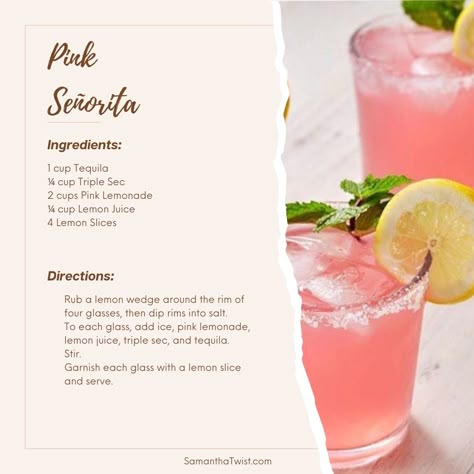 Valentines day cocktail drink recipe, pink drink, pink party, summer cocktail, pink cocktail recipes Valentines Pitcher Drinks, Valentines Margarita Recipes, Pink Lady Cocktail Recipe, Pink Señorita Cocktail, Cocktail Valentines Day, Pink Senorita Drink, Valentine's Day Cocktails, Valentines Margaritas, Galentines Drink Alcoholic