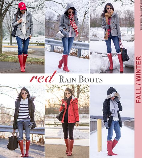 Hunter Boots Outfit Winter, Rain Boots Outfit Winter, Red Rain Boots Outfit, How To Style Hunter Boots, Rain Boots Outfit, Rainboots Outfit, Red Hunter Boots, Rain Boot Outfit, Hunter Boots Outfit