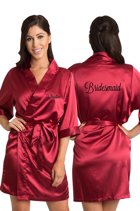 Wrap your #bridesmaids in luxury with our personalized embroidered satin robes. The front of the robe can be personalized with name and back has bridesmaid with your choice of font and thread color Bridesmaid Robes Personalized, Bridesmaid Robe Personalized, Bridesmaids Robes, Bridesmaid Satin, Satin Robes, Burgundy Bridesmaid, Bridal Party Robes, Baby Shower Outfit, Satin Kimono