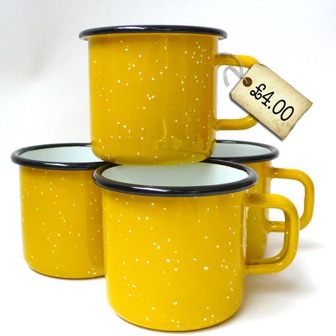 bargain-yellow-enamel-mugs All Things Yellow, Enamel Ware, Enamel Mugs, Yellow Coffee, Vintage Enamelware, Black Rims, Enamel Mug, Back To Nature, Mellow Yellow