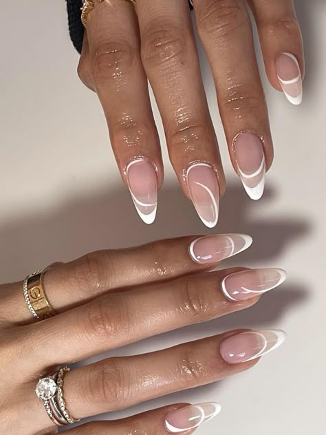 Cute Oval French Tip Nails, French Tip Clear Base, Curvy Lines Nails, Irregular French Nails, White And Clear Nails Design, Short Almond Nails 2023, Baddie Maintenance, Asymmetrical French Tip, White And Clear Nails