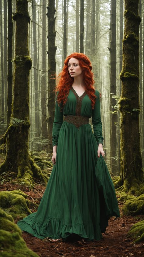 Redhead Green Dress, Irish Fashion Women, Redhead Inspiration, Celtic Aesthetic, Celtic Women, Starry Night Dress, Celtic Dress, Irish Fashion, Red Hots