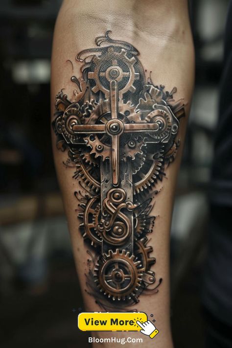 This tattoo blends mechanical elements, like gears, with a traditional cross. It's an industrial take on the classic design, perfect for those who enjoy combining faith with a modern twist. Gear Sleeve Tattoos For Guys, Gear Tattoo Design Mechanical, Gear Tattoo Mechanical, Elements Tattoo Ideas, Mechanic Tattoo For Men, Mechanic Tattoo Ideas, Tattoo For Men Ideas, Gear Tattoo, Mechanic Tattoo