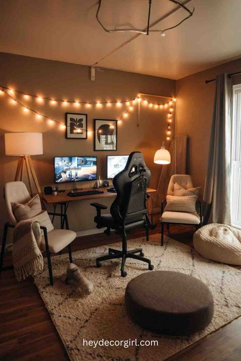 15+ Amazing Small Home Game Room Ideas - Hey Decor Girl [Latest Trending Decor Design Ideas] Gaming Guest Room, Living Room With Gaming Area, Home Game Room Ideas Cozy, Gaming Set Up In Living Room, Gaming Area In Living Room, Gaming And Reading Room, Simple Game Room Ideas, Cozy Game Room Ideas, Small Game Room Ideas For Adults