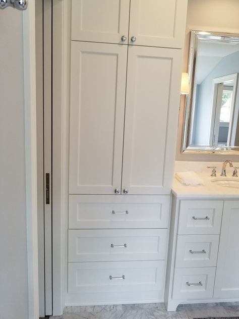 Small Linen Closet Ideas Master Bath, Bathroom Remodel Linen Closet, Linen Closet Vanity Combo, Small Linen Closet Organization Bathroom Master Bath, Adding A Linen Closet To A Bathroom, Custom Linen Cabinet In Bathroom, Countertop Linen Cabinet, Built In Linen Closet Bathroom With Hamper, Vanity Linen Closet Combo