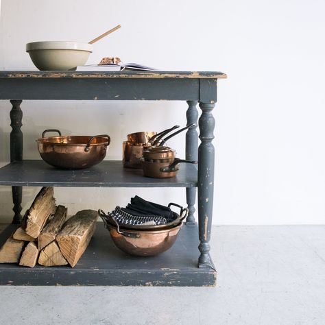 Kitchen Island Vintage, Wood Farm Table, Painted Kitchen Island, Cozy Cottage Kitchen, French Kitchen Decor, Elsie Green, Stoneware Crocks, Painted Kitchen, Cottage Kitchens