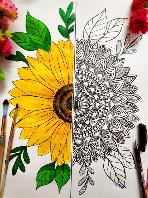 Drawing Of Sunflower Simple, Mandala Art Sunflower, Sunflower Mandala Drawing, Zentangle Sunflower, Sunflower Drawing Simple, Mandala Sunflower, Sunflower Sketches, Sunshine Theme, Sunflower Mandala