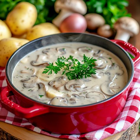 Creamy Potato Mushroom Soup Potato Mushroom Soup, Mushroom Potato Soup, Potato Mushroom, Mushroom Soup Recipe, Mushroom Soup Recipes, Soup Maker, Creamy Potato, Dairy Free Options, Sliced Mushrooms