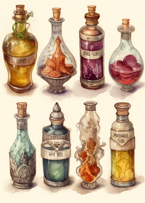 ia art How To Draw A Potion Bottle, Alchemy Concept Art, Potion Bottles Art, Magic Potion Art, Holding Potion Bottle Reference, Poison Bottle Illustration, Fantasy Apothecary Art, Fantasy Potion Art, Potion Shop Art